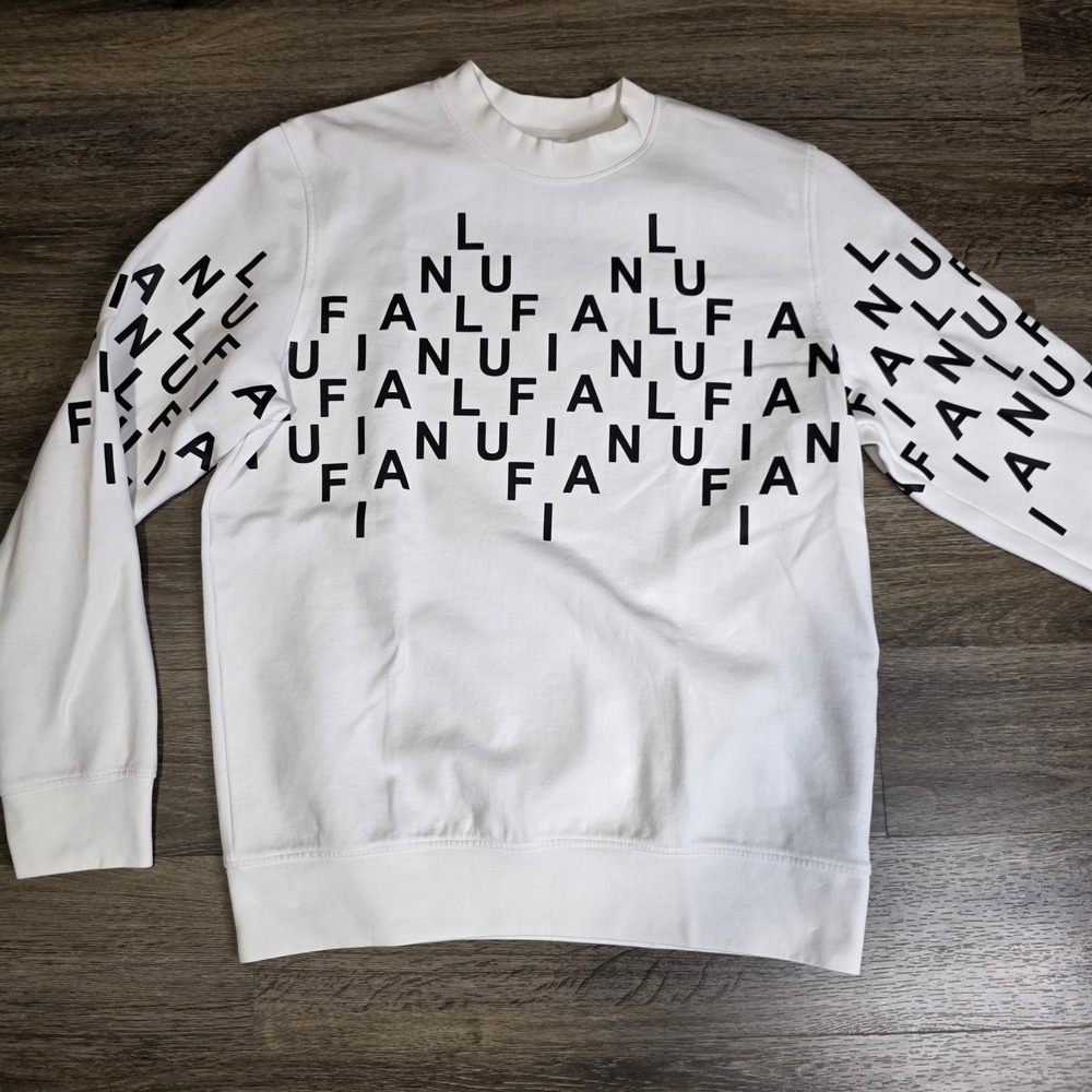 Lufian Mens L Sweatshirt Off White Black‎ Typographic Logo Print Crew Neck Rose